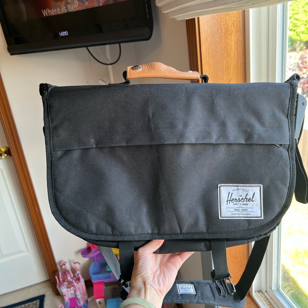 Herschel Supply Company Black Messenger Bag with Tan Handle